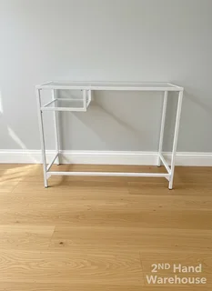 Sleek White Metal & Glass Console Table / Small Desk- A56303
