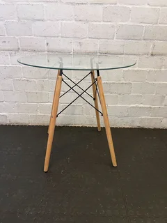 Stylish Round Glass Top Table with Wooden Legs- A54079
