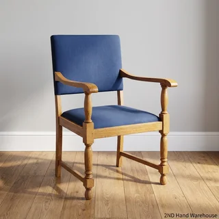 Classic Wooden Armchair with Navy Blue Upholstery - Fair used- A56658