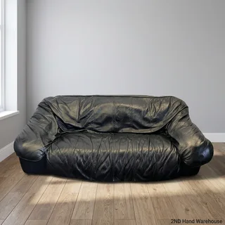 Classic Black Leather 2-Seater Sofa - Fair used- A56663