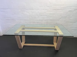 Elegant Glass-Top Dining Table with Wooden Base – Modern Design- A56086