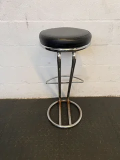 Stylish Black Leather Bar Stool with Chrome Base, Minor Wear- A54075