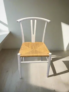 Charming White Wooden Dining Chair with Natural Woven Seat- A55256