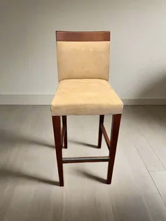 Chic Beige Fabric Bar Stool with Rich Wooden Accents- A55465