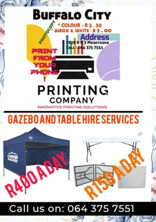 For your next event: We hire out Gazebo's and Tables, We print T-shirtsWe are based in Mdantsane