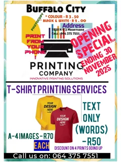 T-shirt printing service at N U 3 Mdantsane, East London.....Opening special is R70 per Tshirt print