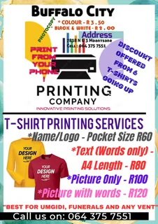 T-shirt printing services in Mdantsane N U 3,  East London 064 375 7551