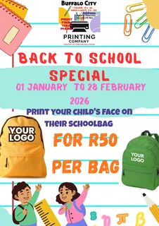 School backpack branding special now on for only R50 per school bag. Call 064 375 7551, Mdantsane