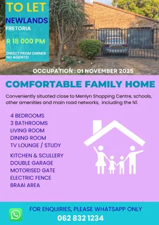 4 Bedroom House to Rent Newlands Pretoria