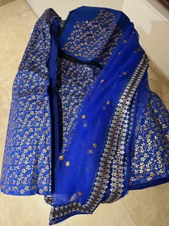 Royal Blue Embroidered Art Silk Semi-Stitched Lehenga with Dupatta