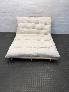 White Cushioned Two Seater Futon Sleeper Couch with Wooden Base- A51639