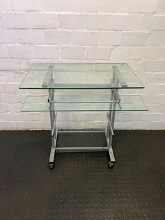 Stylish Glass-Top Mobile Console Table with Silver Frame- A52970