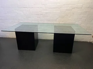 Stylish Glass-top Dining Table with Black Wood Base- A54283