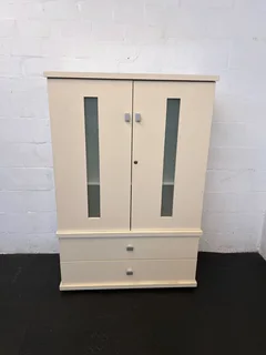 Elegant Cream Cabinet with Glass Panels and Drawers- A54480