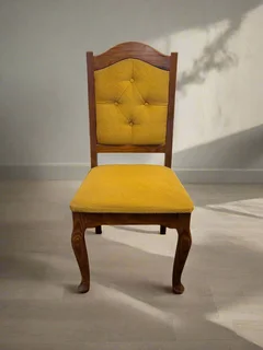Vintage Yellow Upholstered Dining Chair with Wooden Frame- A54916