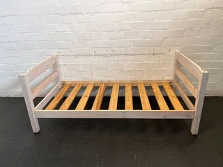 Sturdy White Wooden Single Bed Frame with Pine Slats- A53365