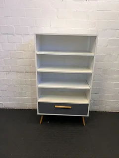 Modern White Bookshelf With Grey Drawer And Wooden Legs - Reduced- A54034
