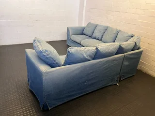 Cozy Blue Denim Sectional Couch with Wear/ Cat Claw Holes Marks- A55682