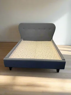 Stylish Grey Fabric Extra Length Queen Bed Frame with Button-Tufted Headboard- A55277