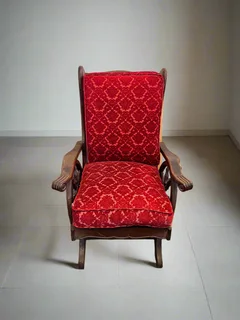 Vintage Red Velvet Rocking Chair with Wooden Frame- A55841