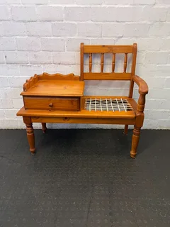 Vintage Wooden Bench with Drawer and Cane Seat – Rustic Charm- A53625
