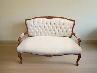 Elegant Vintage Cream Tufted Loveseat with Carved Wooden Frame- A55729