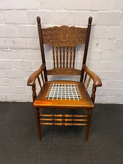 Vintage Handcrafted Wooden Chair With Intricate Carving &amp; Woven Seat - Price Drop- A52154
