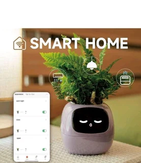 smart pet planter robot guidance on plant care with emojis,  plant companion with rich gestures