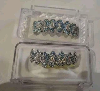Grilz set silver/ blue ice with silver rhinestones