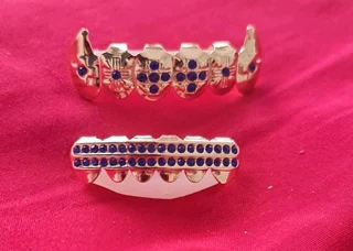 Grilz set colorful Gold  rhinestone fangs except the black &amp; white ones