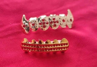 Grilz set colorful Gold  rhinestone fangs except the black &amp; white ones