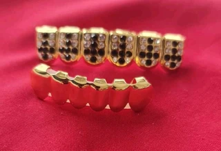 Grilz set colorful Gold  rhinestone fangs except the black &amp; white ones