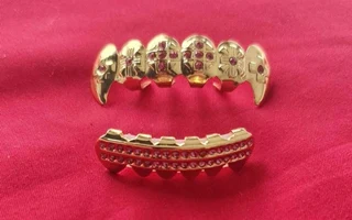 Grilz set colorful Gold  rhinestone fangs except the black &amp; white ones