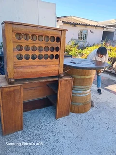 Oak barel table with Oregon pine wine rack