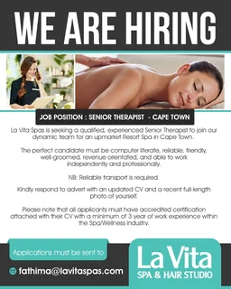 La Vita Spa Senior Therapist Vacancy -  Cape Town
