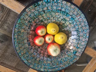 Mosaic fruit bowl with artificial fruits