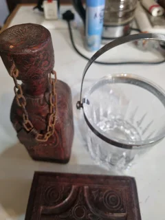 Vintage leather wrapped decanter and box