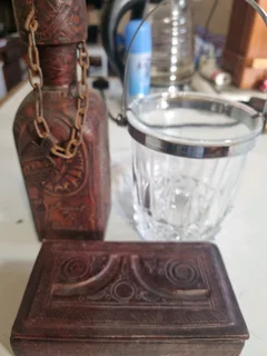 Vintage leather wrapped decanter and box