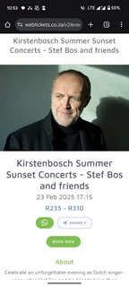 2 tickets available Kirstenbosch Summer Sunset Concerts-Stef Bos &amp; friends 23 Feb