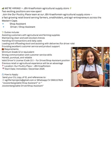 WE’RE HIRING! — JBV Kraaifontein agricultural supply store