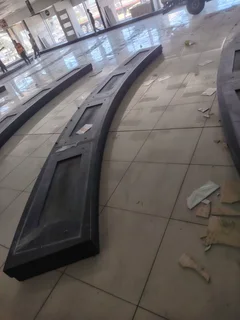 Reception desk, display units, wooden Islands