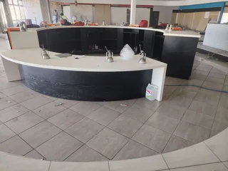 Reception desk, display units, wooden Islands