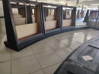 Reception desk, display units, wooden Islands