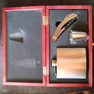 Wooden Box With Stainless Steel Flask And Accessories