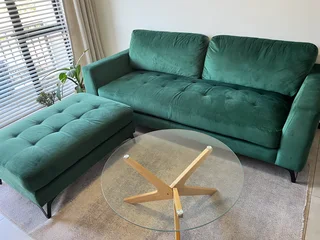 &#64;home 3 seater couch and matching ottoman in Emerald Green Suede fabric. R11 000
