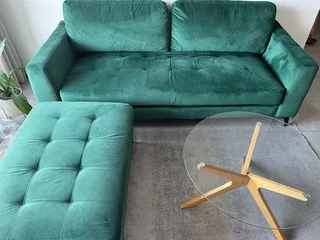 &#64;home 3 seater couch and matching ottoman in Emerald Green Suede fabric.