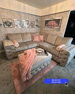 L-shaped couch  deep buttoned in velvet