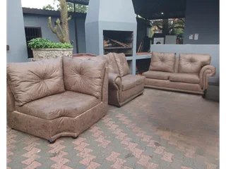 Brown Synthetic Leather Corner Couch Set