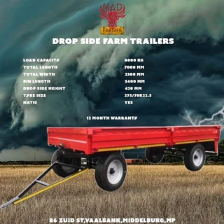 8 ton dropside Farm trailers available for sale at Mad Farmer SA Middelburg MP.
