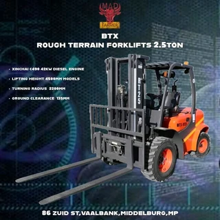 BTX 2.5 ton rough terrain forklifts available for sale at Mad Farmer SA Middelburg MP.